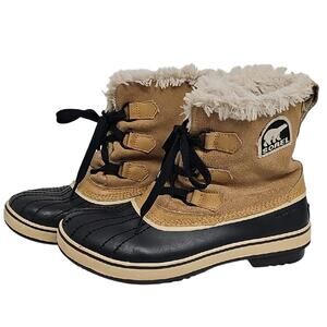 Sorel Tivoli Women's Waterproof Black and Tan Fur-Lined Winter Duck Boots Size 8